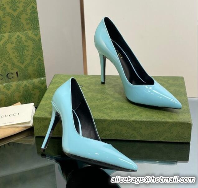 Duplicate Gucci Patent Leather Pointed High heel Pumps 10.5cm with GG Light Blue 1012007