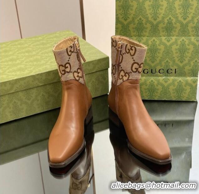 Best Price Gucci Leather and GG Canvas Ankle Boots 4.5cm with Horsebit Brown 012028