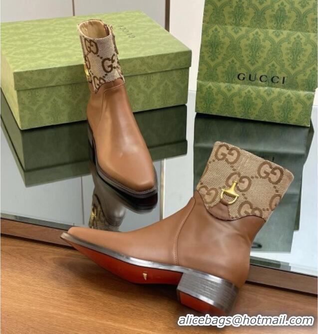 Best Price Gucci Leather and GG Canvas Ankle Boots 4.5cm with Horsebit Brown 012028