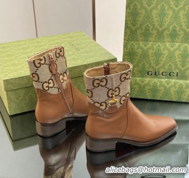 Best Price Gucci Leather and GG Canvas Ankle Boots 4.5cm with Horsebit Brown 012028