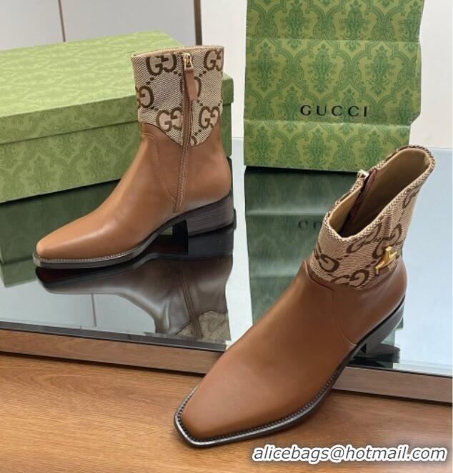 Best Price Gucci Leather and GG Canvas Ankle Boots 4.5cm with Horsebit Brown 012028