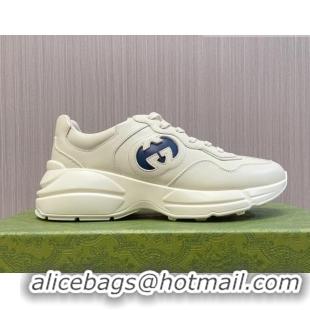 Good Product Gucci Leather Interlocking G Rhyton Sneakers White/Navy Blue 1012030