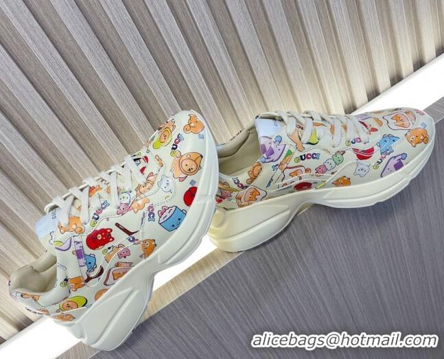 Buy Luxury Kawaii x Gucci Animal Printed Leather Rhyton Sneakers White 1012034