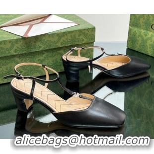 Shop Duplicate Gucci Leather Petite GG Slingback Pumps 5.5cm with T-Strap Black 1012049