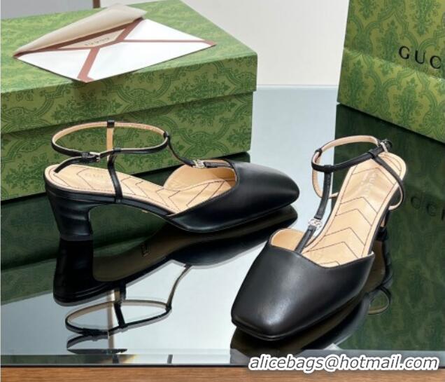 Shop Duplicate Gucci Leather Petite GG Slingback Pumps 5.5cm with T-Strap Black 1012049