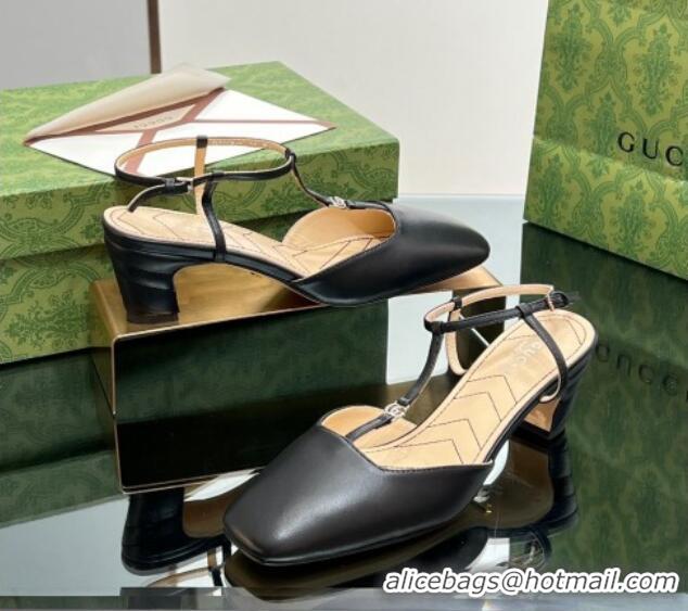 Shop Duplicate Gucci Leather Petite GG Slingback Pumps 5.5cm with T-Strap Black 1012049