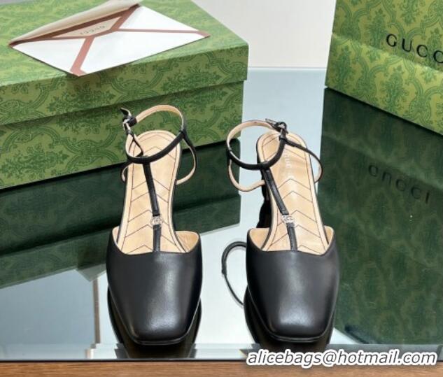 Shop Duplicate Gucci Leather Petite GG Slingback Pumps 5.5cm with T-Strap Black 1012049