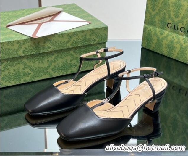 Shop Duplicate Gucci Leather Petite GG Slingback Pumps 5.5cm with T-Strap Black 1012049