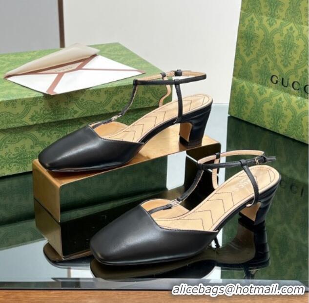 Shop Duplicate Gucci Leather Petite GG Slingback Pumps 5.5cm with T-Strap Black 1012049