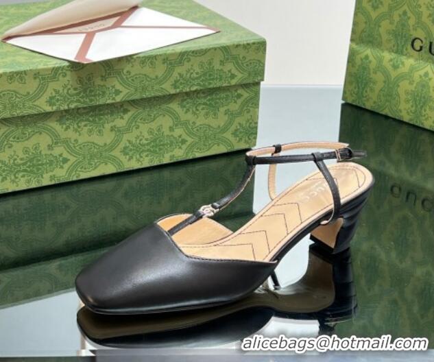 Shop Duplicate Gucci Leather Petite GG Slingback Pumps 5.5cm with T-Strap Black 1012049