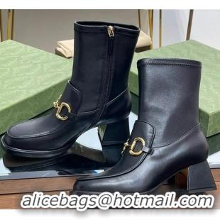 Low Cost Gucci Leather Ankle Boot with Horsebit 5.5cm Black 1012035