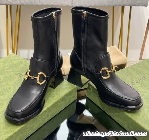 Low Cost Gucci Leather Ankle Boot with Horsebit 5.5cm Black 1012035