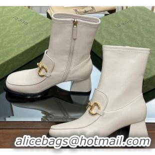 Popular Style Gucci Leather Ankle Boot with Horsebit 5.5cm White 1012037