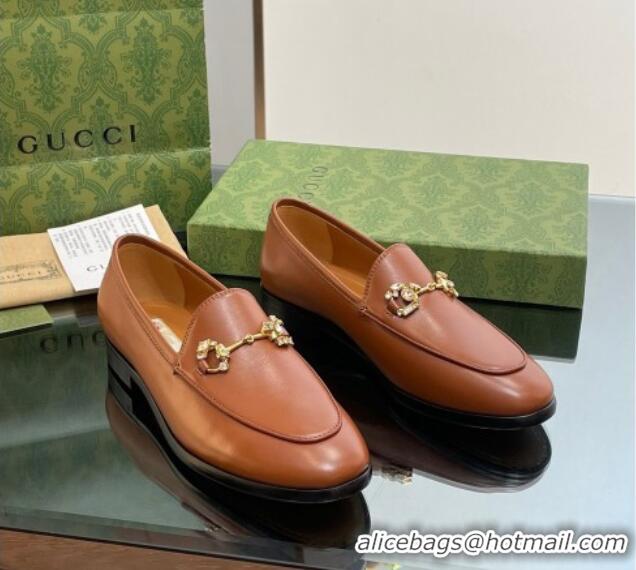 Unique Discount Gucci Jordaan Leather Loafers with Crystals Brown 1012050