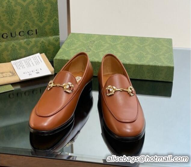 Unique Discount Gucci Jordaan Leather Loafers with Crystals Brown 1012050