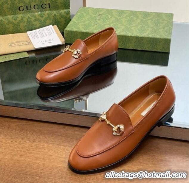 Unique Discount Gucci Jordaan Leather Loafers with Crystals Brown 1012050