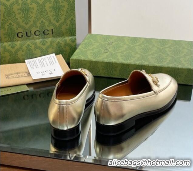 Feminine Gucci Jordaan Leather Loafers with Crystals Gold 1012052