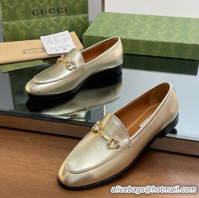 Feminine Gucci Jordaan Leather Loafers with Crystals Gold 1012052