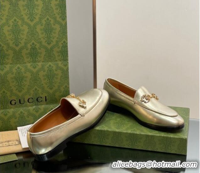 Feminine Gucci Jordaan Leather Loafers with Crystals Gold 1012052