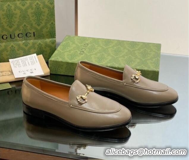 Shop Duplicate Gucci Jordaan Leather Loafers with Crystals Khaki Green 1012055