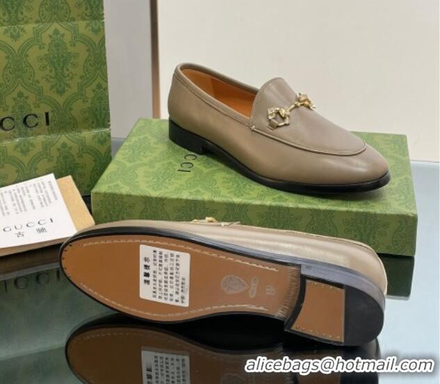 Shop Duplicate Gucci Jordaan Leather Loafers with Crystals Khaki Green 1012055