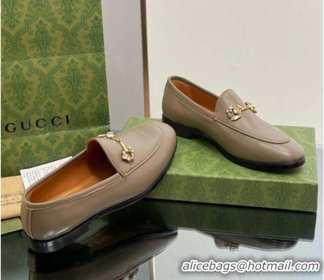 Shop Duplicate Gucci Jordaan Leather Loafers with Crystals Khaki Green 1012055