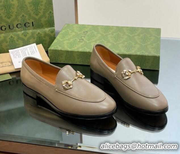 Shop Duplicate Gucci Jordaan Leather Loafers with Crystals Khaki Green 1012055