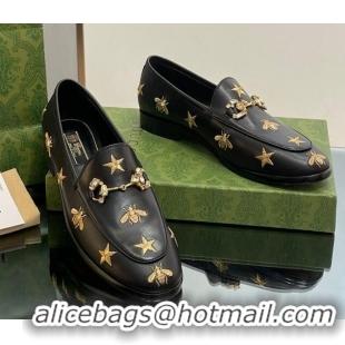 Stylish Gucci Jordaan Leather Loafers with Crystal and Bees Black 1012056