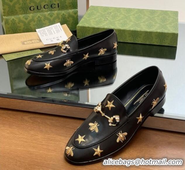 Stylish Gucci Jordaan Leather Loafers with Crystal and Bees Black 1012056