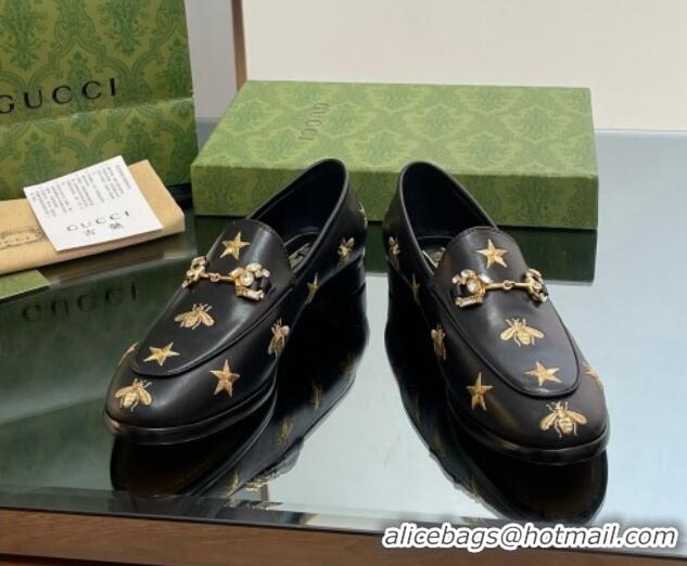 Stylish Gucci Jordaan Leather Loafers with Crystal and Bees Black 1012056