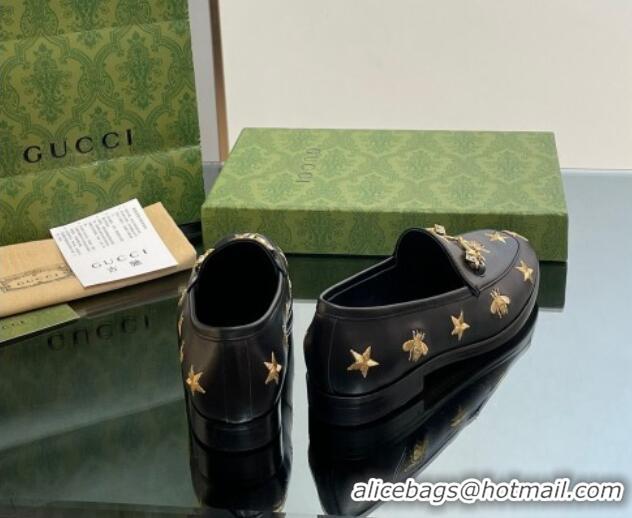 Stylish Gucci Jordaan Leather Loafers with Crystal and Bees Black 1012056