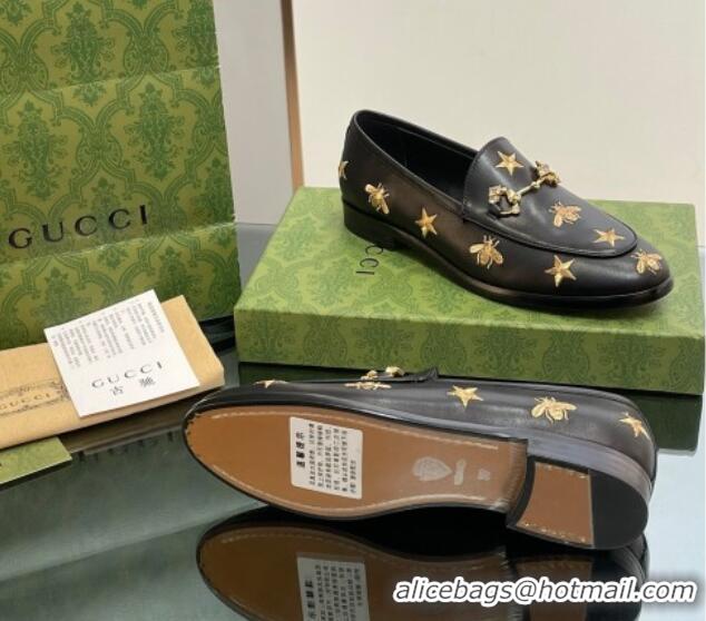 Stylish Gucci Jordaan Leather Loafers with Crystal and Bees Black 1012056