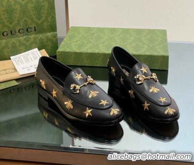 Stylish Gucci Jordaan Leather Loafers with Crystal and Bees Black 1012056