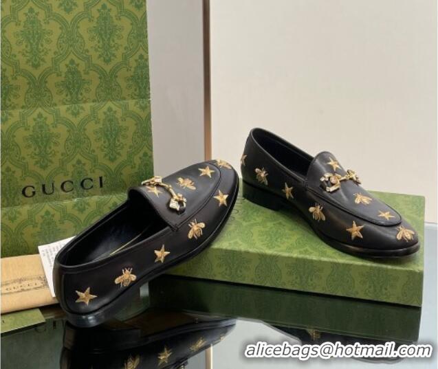 Stylish Gucci Jordaan Leather Loafers with Crystal and Bees Black 1012056