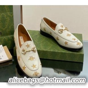 Lowest Price Gucci Jordaan Leather Loafers with Crystal and Bees White 1012057