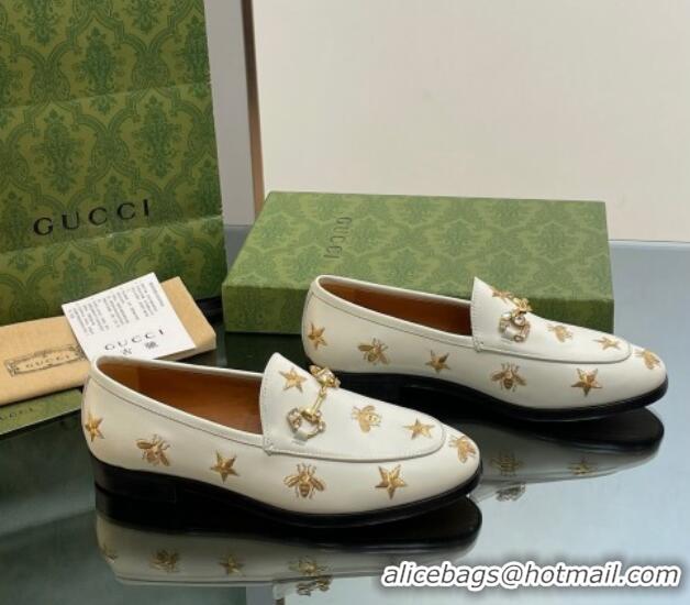 Lowest Price Gucci Jordaan Leather Loafers with Crystal and Bees White 1012057