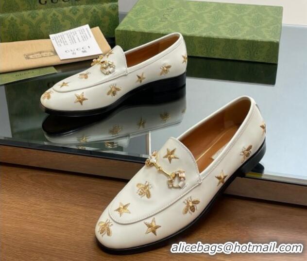 Lowest Price Gucci Jordaan Leather Loafers with Crystal and Bees White 1012057