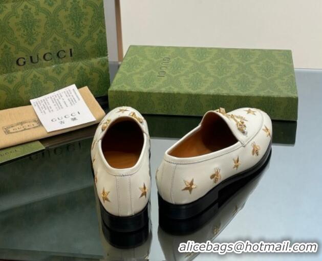 Lowest Price Gucci Jordaan Leather Loafers with Crystal and Bees White 1012057