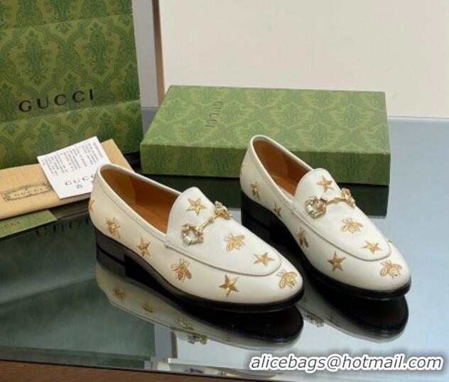 Lowest Price Gucci Jordaan Leather Loafers with Crystal and Bees White 1012057