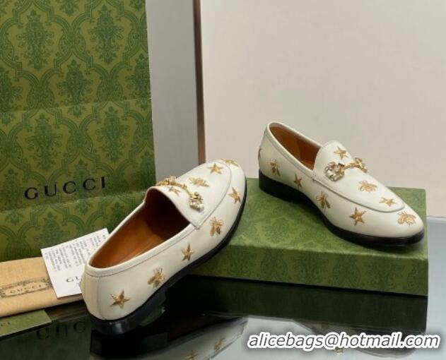 Lowest Price Gucci Jordaan Leather Loafers with Crystal and Bees White 1012057