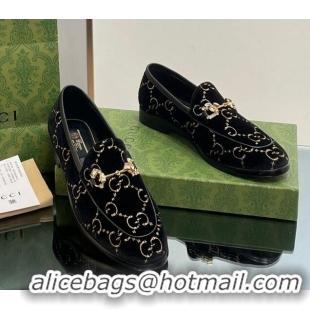 Good Quality Gucci Jordaan GG Velvet Loafers with Crystals Black 012058