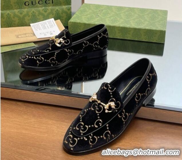 Good Quality Gucci Jordaan GG Velvet Loafers with Crystals Black 012058