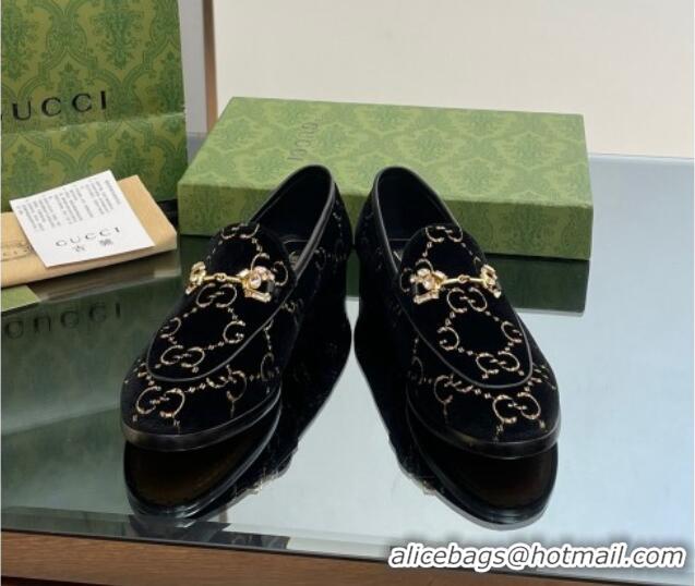 Good Quality Gucci Jordaan GG Velvet Loafers with Crystals Black 012058