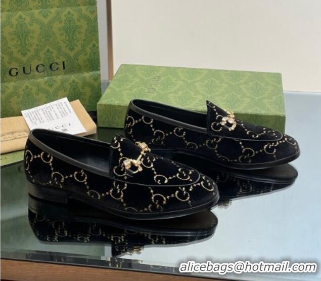 Good Quality Gucci Jordaan GG Velvet Loafers with Crystals Black 012058