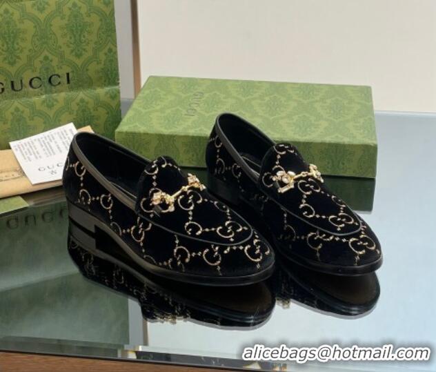 Good Quality Gucci Jordaan GG Velvet Loafers with Crystals Black 012058