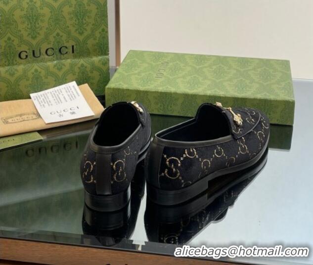 Good Quality Gucci Jordaan GG Velvet Loafers with Crystals Black 012058