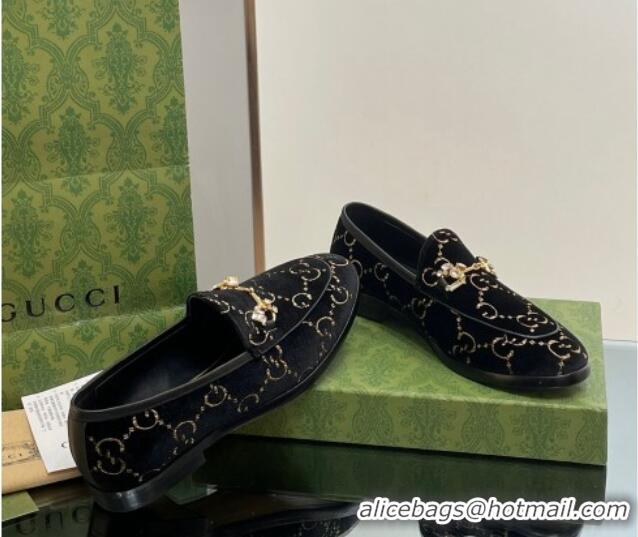 Good Quality Gucci Jordaan GG Velvet Loafers with Crystals Black 012058