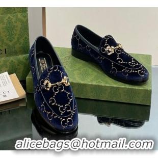 Lower Price Gucci Jordaan GG Velvet Loafers with Crystals Navy Blue 012059