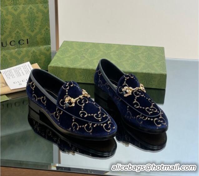 Lower Price Gucci Jordaan GG Velvet Loafers with Crystals Navy Blue 012059