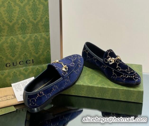 Lower Price Gucci Jordaan GG Velvet Loafers with Crystals Navy Blue 012059